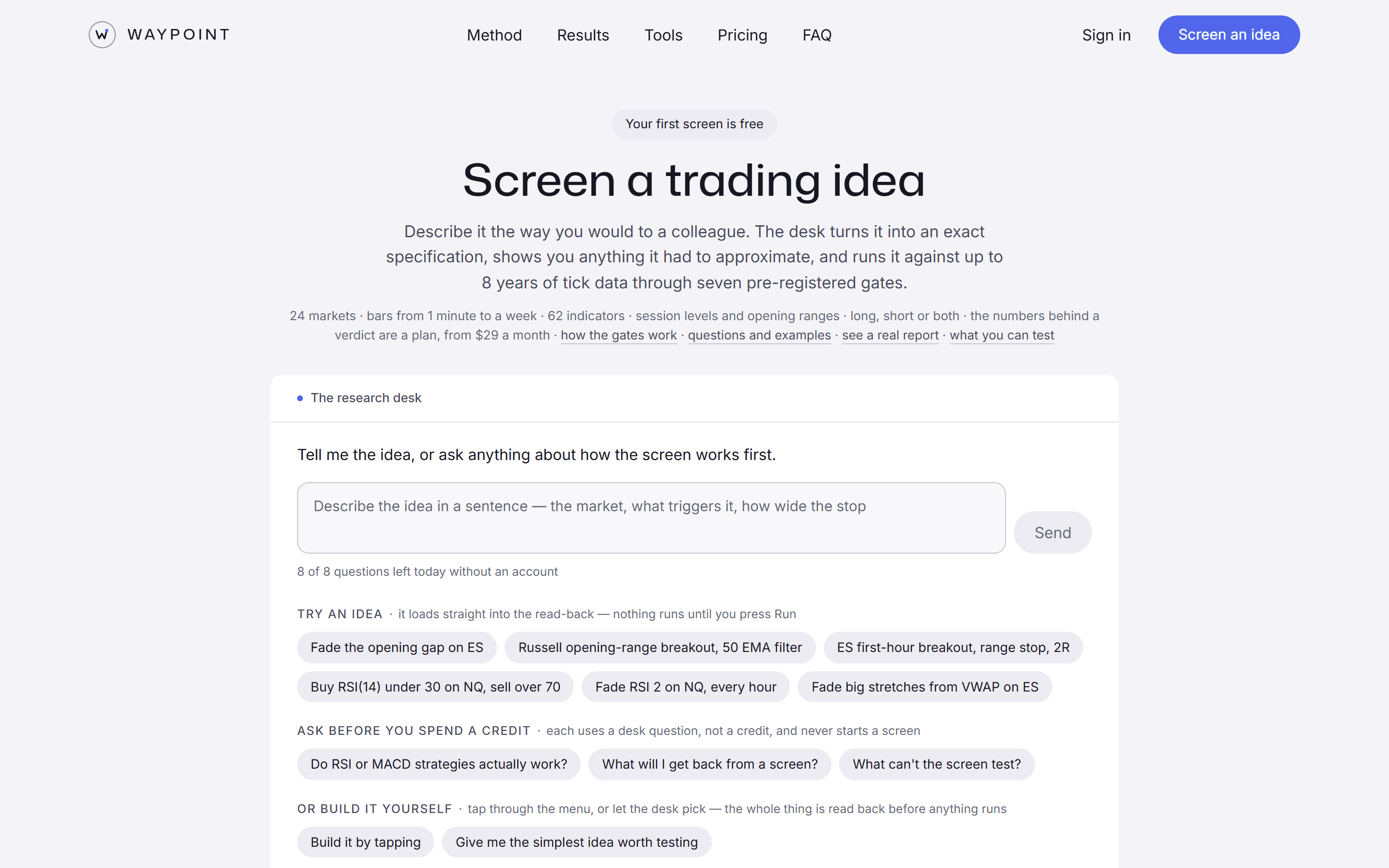 The Waypoint Quant screener: an empty research desk inviting a trading idea in plain words.